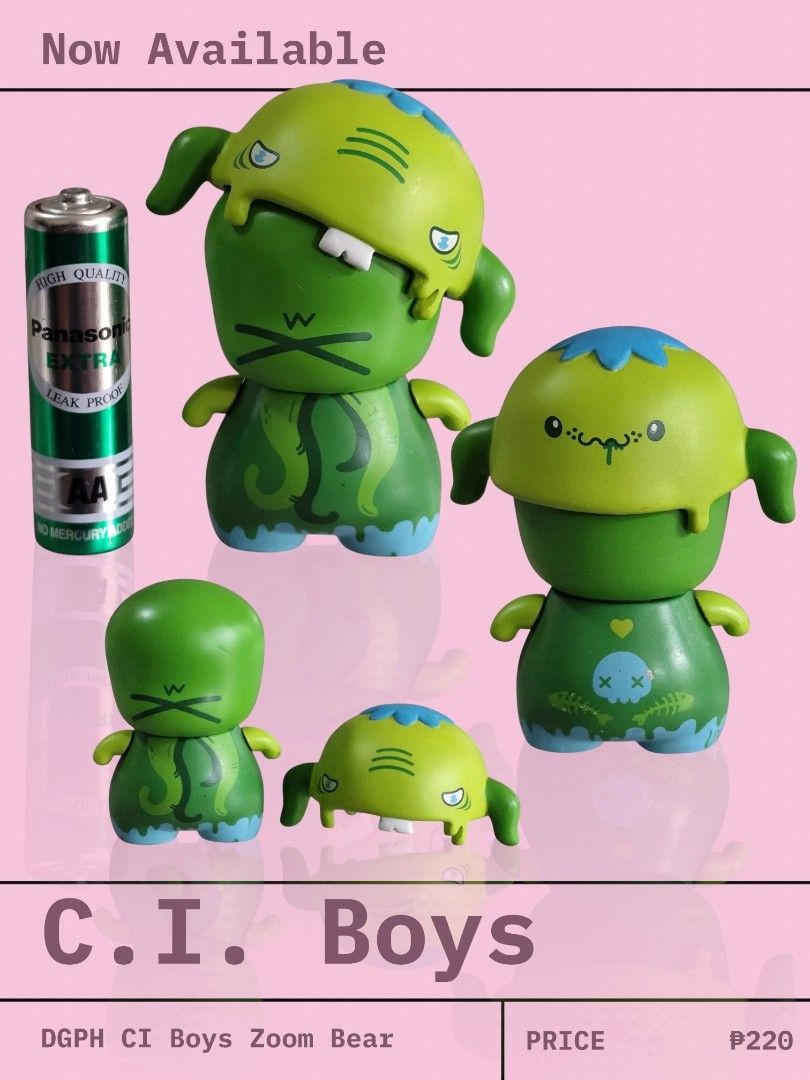 DGPH C.I. Boys Zoom Bear Collectible Toy (Category: Designer & Blind Box Toys) located in Quezon City. Submitted by Emcee (Listing ID 1446416708, Image 2). Description: - C.I. Boys Zoom Bear figure - Unique green and blue monster-like design - Includes removeable helmet - Battery included to show scale - Ideal for collectors - Price: P220.