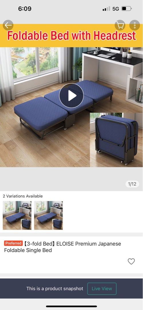 Helper bed (Category: Bed Frames & Mattresses) located in Singapore. Submitted by wn_wd (Listing ID 1446357078, Image 1). Description: - 3-fold bed with comfortable headrest - Folds compactly for easy storage - Built-in wheels for convenient mobility - Unfolded length: 180cm - Ideal for helper .