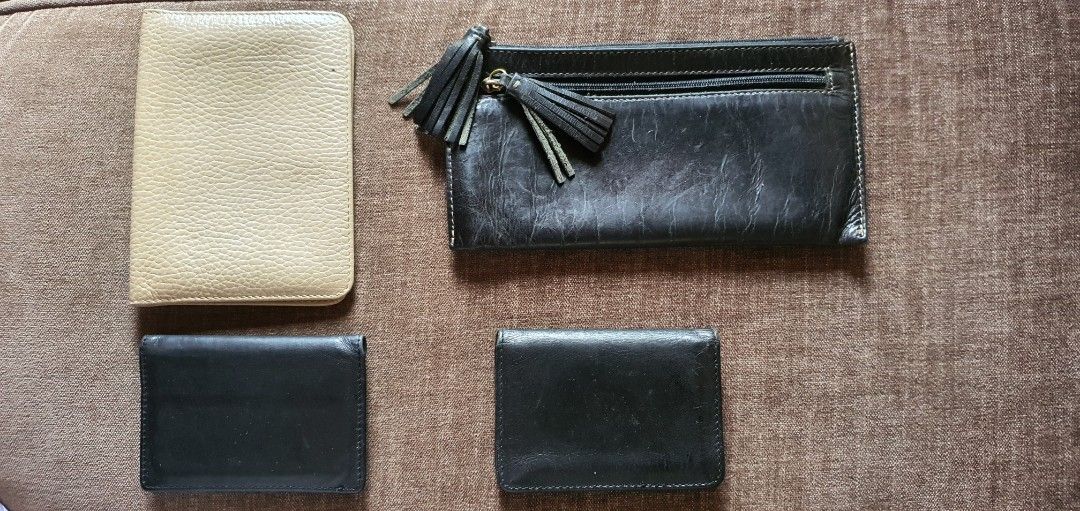Fino Leather accessorirs (Category: Wallets & Card holders) located in Las Pinas. Submitted by destashmodeon (Listing ID 1446406025, Image 1). Description: Fino leather accessories sold as lot Set of 4 leather accessories: (1) black zip wallet; (2) 2 pcs black bi-fold card holders; and (3) cream passport holder Black zip wallet features an outer side pocket and stylish tassel detail. Both black card holders have a chic plaid lining inside. Cream 