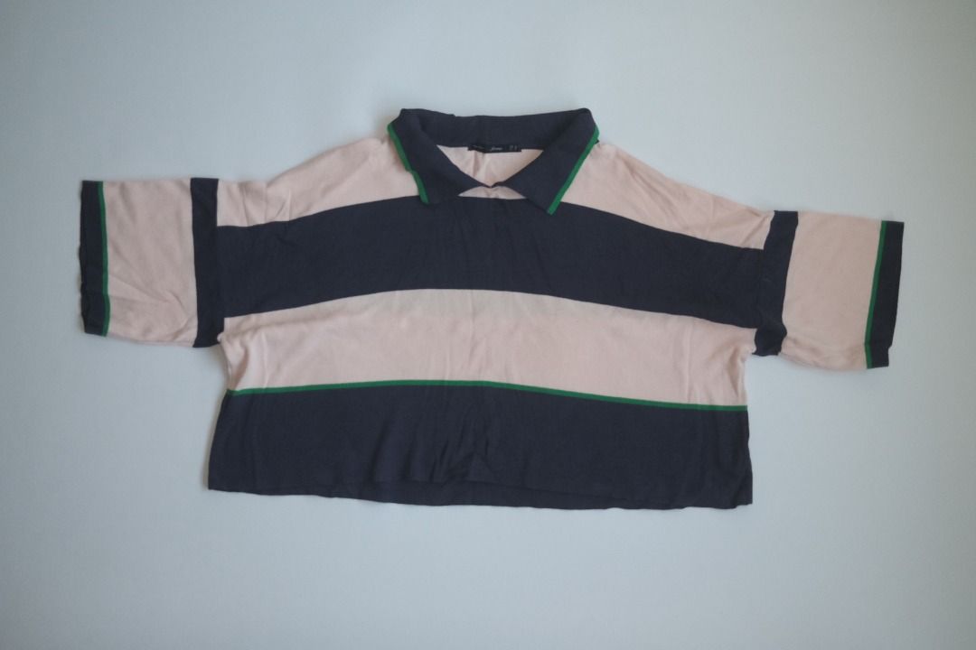 Forme Striped Polo Shirt - Pink, Navy, Green (Category: Shirts) located in Naga. Submitted by billysstuff (Listing ID 1446452995, Image 1). Description: - Cute striped polo shirt from Forme - Pink and navy stripes with green trim on collar and cuffs - Cropped, Oversized style - Size S - Great for a casual look.