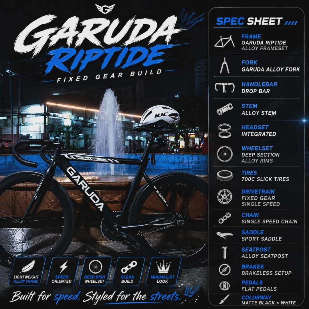 Garuda Riptide Fixed Gear Bike - Matte Black & White (Category: Bicycles) located in Manila. Submitted by mikeee03 (Listing ID 1446489847, Image 1). Description: - Garuda Riptide fixed gear build - Lightweight alloy frame - Deep section alloy rims with 700c slick tires - Drop bars, alloy stem, and flat pedals - Brakeless setup for a pure riding experience - Matte black and white colorway.