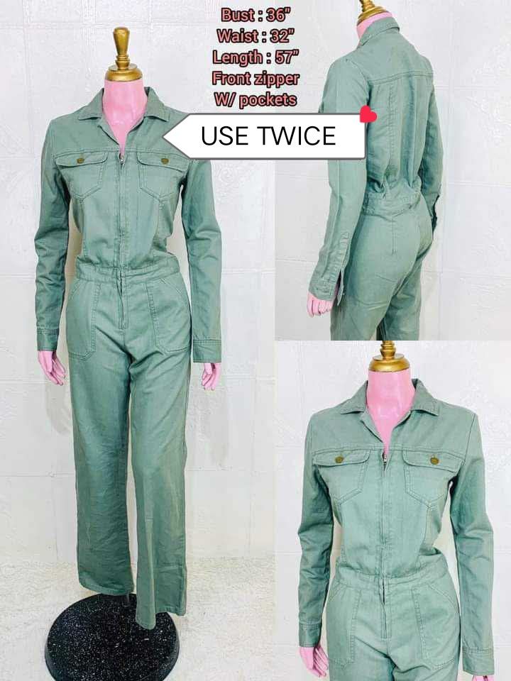 Green Utility Jumpsuit with Front Zipper and Pockets (Category: Jumpsuits) located in Manila. Submitted by prelovedbypoliiii (Listing ID 1446489185, Image 1). Description: - Cool green utility jumpsuit - Features a front zipper and convenient pockets - Measurements: Bust 36", Waist 32", Length 57" - Ideal for a casual and effortless look - Easy to wear and style.