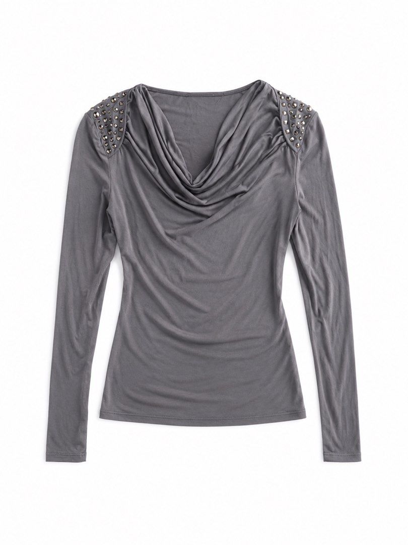Grey Draped Cowl Neck Studded Top | Indie Sleaze (Category: Longsleeves) located in Manila. Submitted by catlia (Listing ID 1446400570, Image 1). Description: S-M.