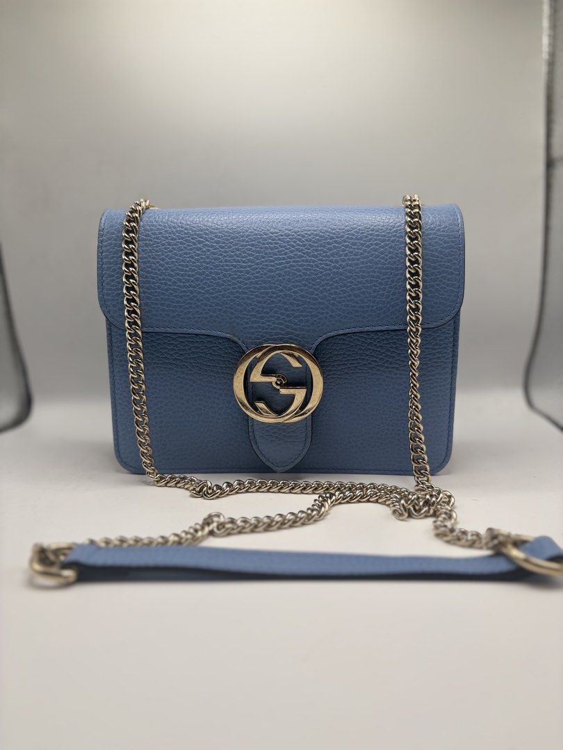 Gucci Interlocking Crossbody Bag (Category: Luxury Bags & Wallets) located in Santa Maria. Submitted by luxxury_for_less (Listing ID 1446360072, Image 2). Description: Pebbled leather. Champagne gold hardware. With dustbag, paperbag, LG certificate and booklet. Small size. Can't fit promax..