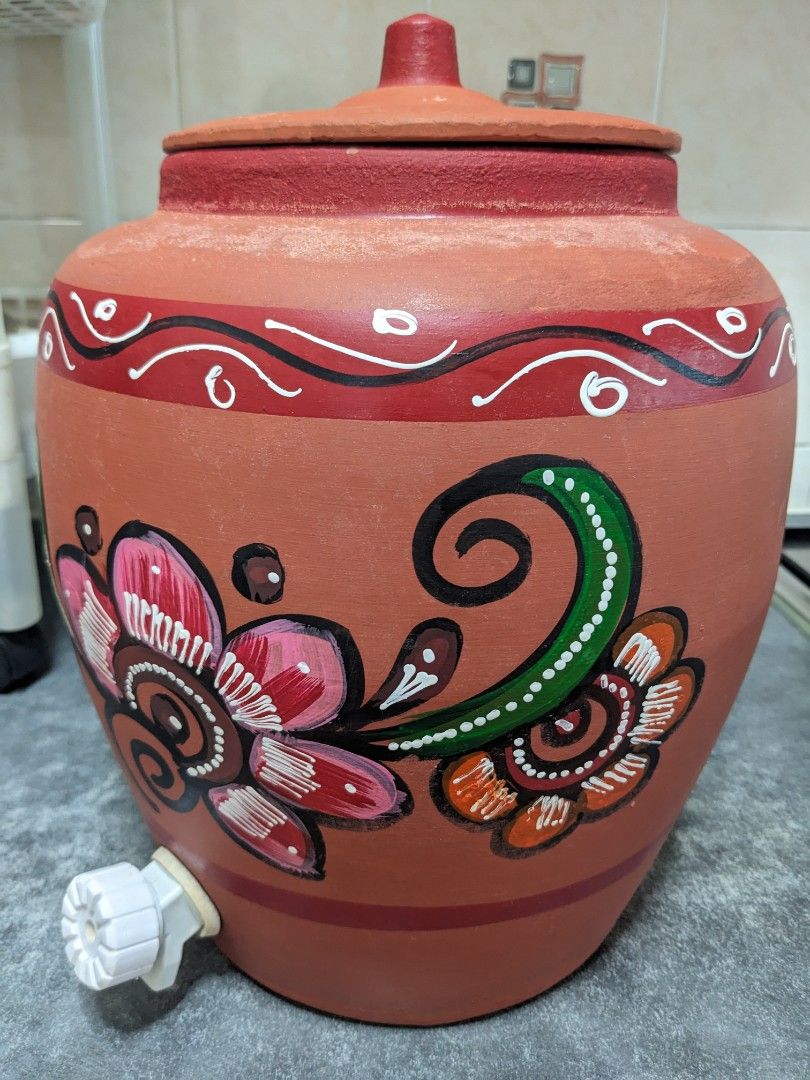 Hand-Painted Clay Water Pot with Tap