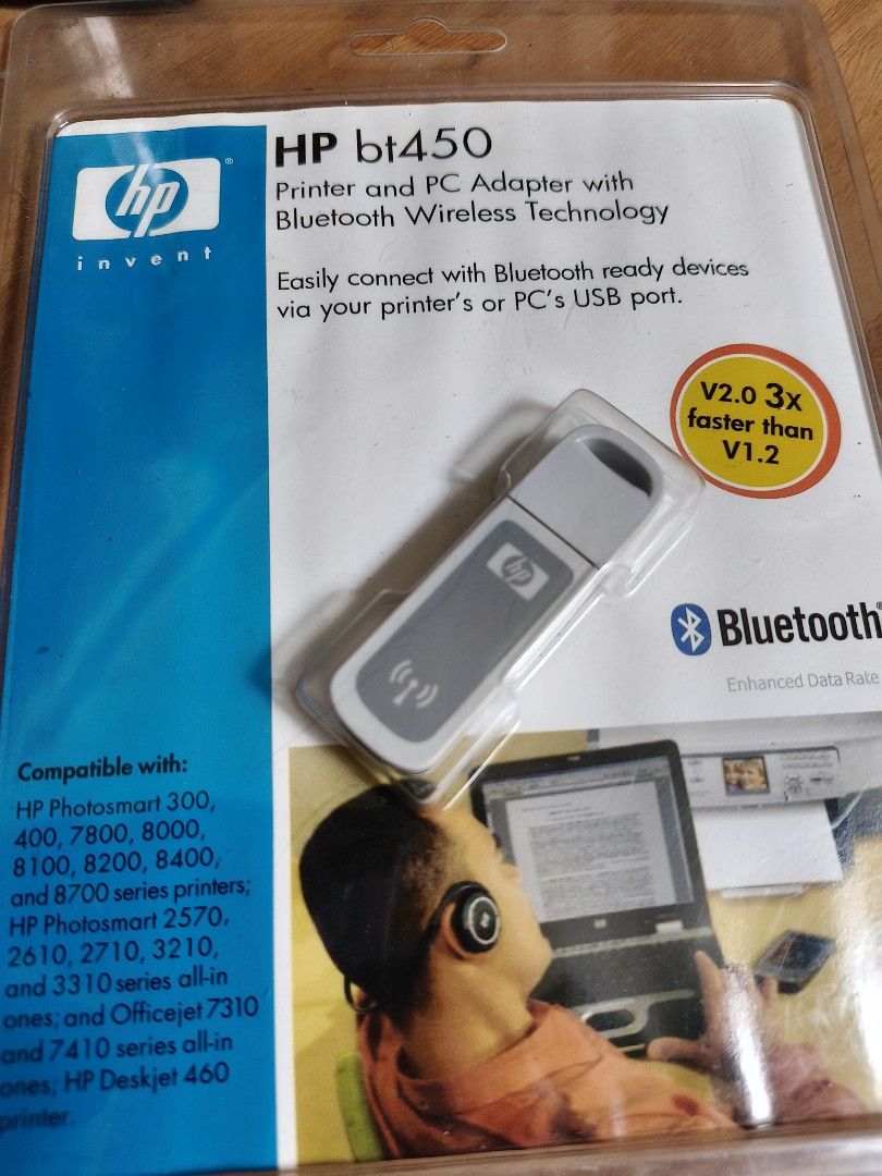 HP bt450 Printer and PC Adapter Bluetooth Wireless Technology (Category: Printers, Scanners & Copiers) located in Manila. Submitted by reascheyss51406 (Listing ID 1446365463, Image 2). Description: - HP bt450 Printer and PC Adapter - Wireless Bluetooth connectivity - Connects printers and PCs via USB - Bluetooth v2.0 (3x faster than v1.2) - Includes driver CD for Windows - Compatible with many HP Photosmart and Deskjet printers.