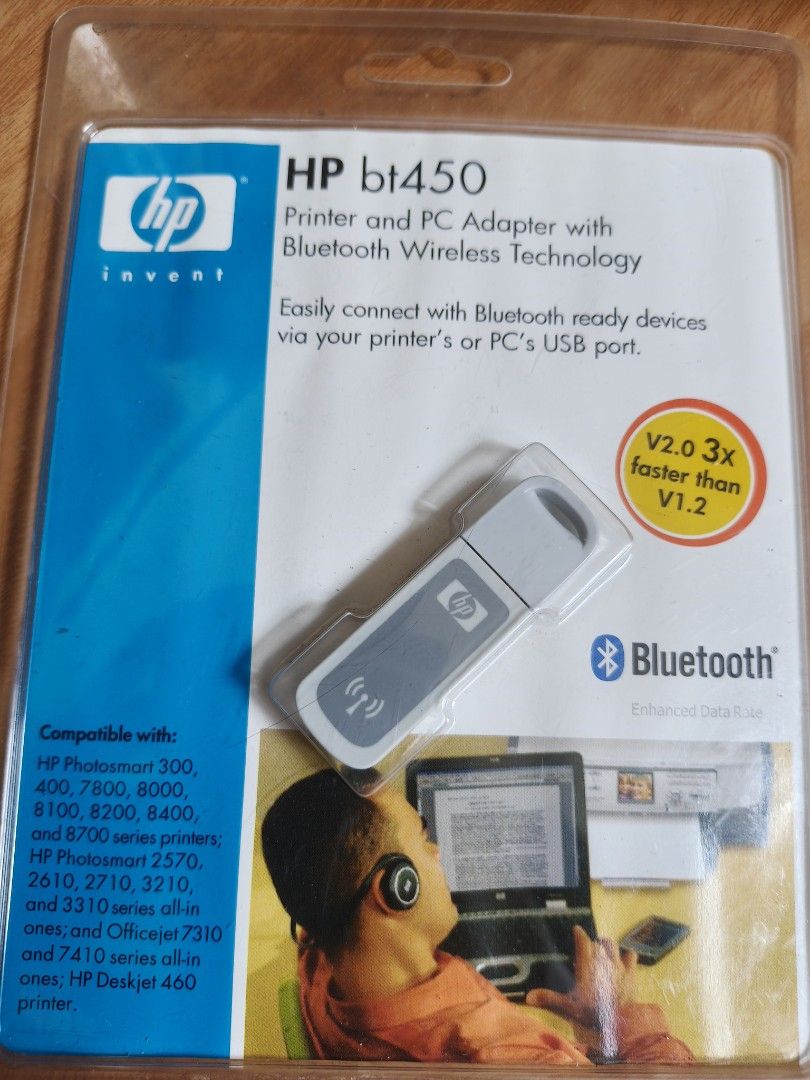 HP bt450 Printer and PC Adapter Bluetooth Wireless Technology (Category: Printers, Scanners & Copiers) located in Manila. Submitted by reascheyss51406 (Listing ID 1446365463, Image 1). Description: - HP bt450 Printer and PC Adapter - Wireless Bluetooth connectivity - Connects printers and PCs via USB - Bluetooth v2.0 (3x faster than v1.2) - Includes driver CD for Windows - Compatible with many HP Photosmart and Deskjet printers.