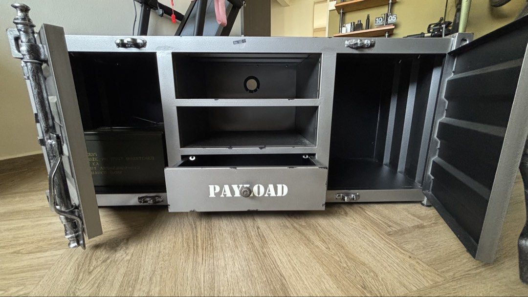 TV console (Category: TV Consoles) located in Singapore. Submitted by as-is (Listing ID 1446356828, Image 1). Description: - Owned for about 1.5 year - scuffs and dents are intentional for a more realistic look - fully functioning doors and drawers for storage - 1200L x 400W x 500H .