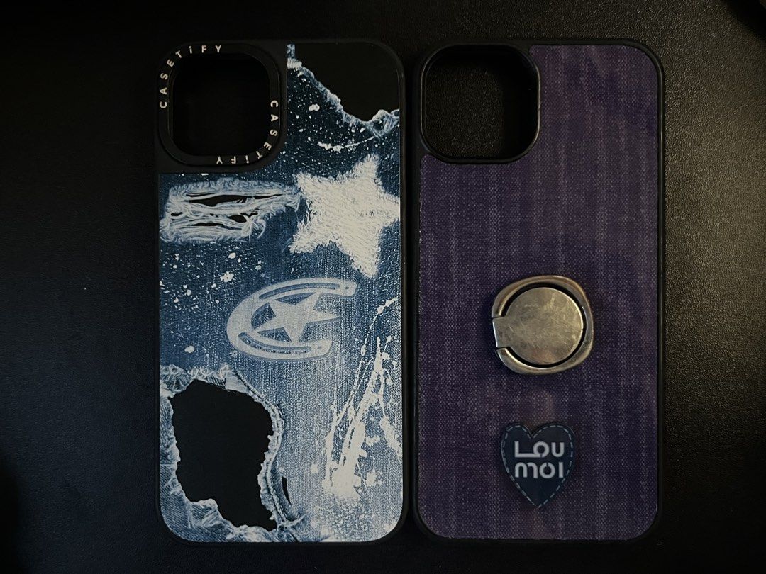 iPhone 13 Casetify Phone Case dupee + FREE (Category: Cases & Sleeves) located in Mandaluyong City. Submitted by namislounge (Listing ID 1446453718, Image 2). Description: iPhone 13 Casetify-inspired Matte phone case (like new) - Unique distressed denim design with star and logo accents - Super tibay and high quality! with FREE: Navy Blue Phone Case (for iPhone 13) that features a built-in ring holder for easy grip and viewing .