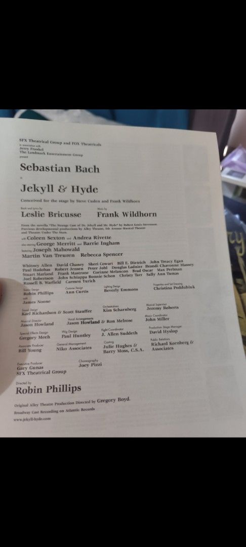 Jekyll & Hyde The Musical 1997 Broadway Souvenir Program (Category: CDs & DVDs) located in Manila. Submitted by silentstar-0f4b (Listing ID 1446514186, Image 3). Description: - Original souvenir program from the 1997 Broadway production of Jekyll & Hyde. - Features cast members Robert Cuccioli and Linda Eder. - Includes details on the creative team and production credits. - Perfect collectible for fans of the musical..