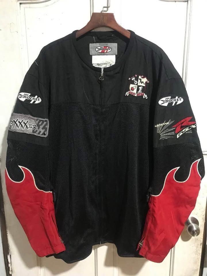 Joe Rocket Motorcycle Jacket... Size XXL (Category: Coats, Jackets and Outerwear) located in Dasmarinas. Submitted by shuranotoki (Listing ID 1446489996, Image 1). Description: - Black Joe Rocket motorcycle jacket - Red flame accents - Mesh panels for ventilation - Features various patches and logos - Zipper closure - Great for riding - Please check photos for condition details....Width 32 Length 34 Sleeve 27.