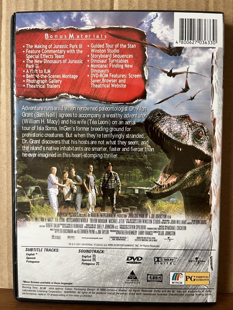 Jurassic Park III DVD (Category: CDs & DVDs) located in Muntinlupa City. Submitted by bendaydots (Listing ID 1446399508, Image 3). Description: - Jurassic Park III DVD - Starring: Sam Neill, William H. Macy, Tea Leoni - Bonus Materials: Behind-the-scenes footage, commentary, theatrical trailers - Genre: Adventure, Dinosaur Thriller - Perfect for Jurassic Park franchise fans.