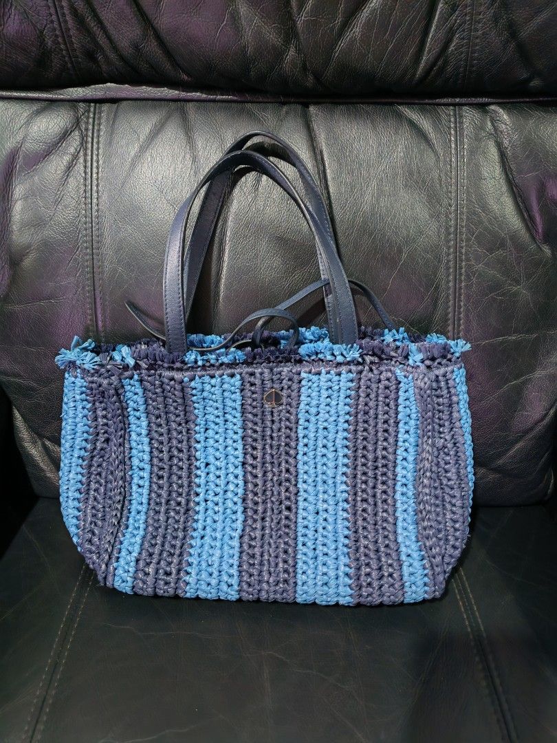 Kate Spade Striped Woven Tote Bag (Category: Tote Bags) located in Davao. Submitted by athenaprelovedph (Listing ID 1446413293, Image 3). Description: - Blue and navy striped woven tote bag - Genuine leather handles and trim - Secure drawstring closure - Interior zip pocket and slip pocket - Kate Spade logo inside - Spacious design, ideal for everyday or beach outings.