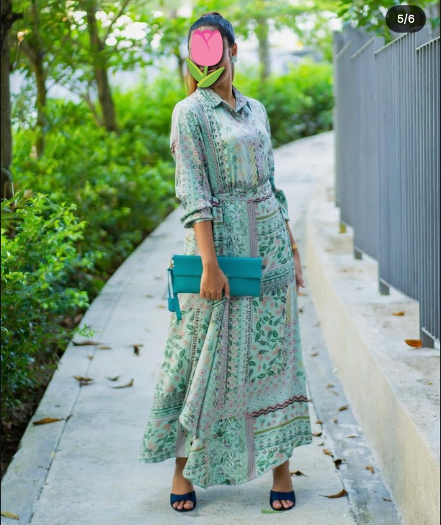 Larney Dress (Category: Dresses) located in Kuala Lumpur. Submitted by serendepity34 (Listing ID 1446379167, Image 1). Description: - Flowy satin maxi dress - Beautiful floral print - Collared neckline - Long sleeves - Attached belt to cinch the waist - Versatile for casual outings or special occasions - Pm for more photos.