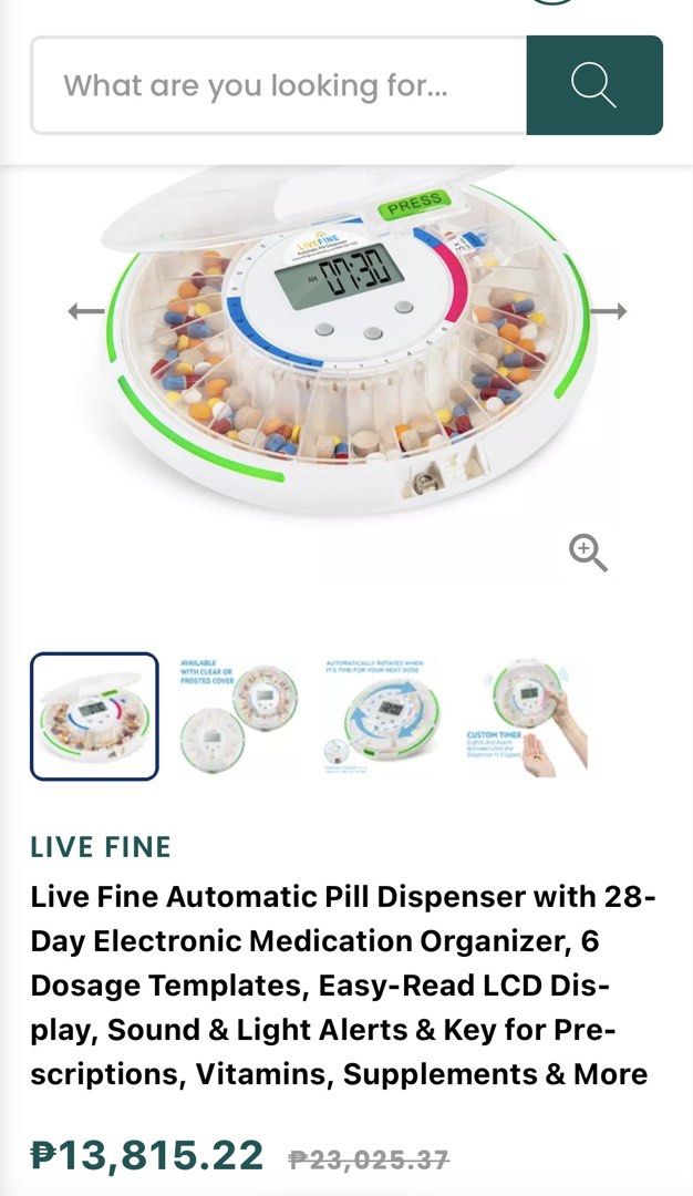 Live Fine Automatic Pill Dispenser 28-Day Electronic Medication Organizer (Category: Other Home Appliances) located in Taguig. Submitted by supplementary (Listing ID 1446456546, Image 3). Description: - Live Fine Automatic Pill Dispenser - 28-day capacity - 6 dosage templates - Easy-to-read LCD display - Sound and light alerts for reminders - Includes key for security (ideal for prescriptions, vitamins, supplements) - Helps manage medication sche