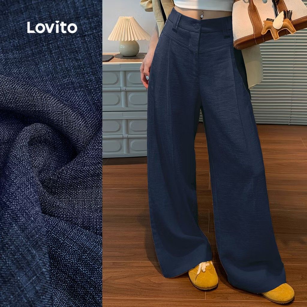 Lovito Navy Blue Wide Leg Trousers (Category: Other Bottoms) located in Kajang. Submitted by warienaeyu (Listing ID 1446466132, Image 1). Description: Condition: 10/10 (Never worn) Reason to sell: Changing my style to gothic .