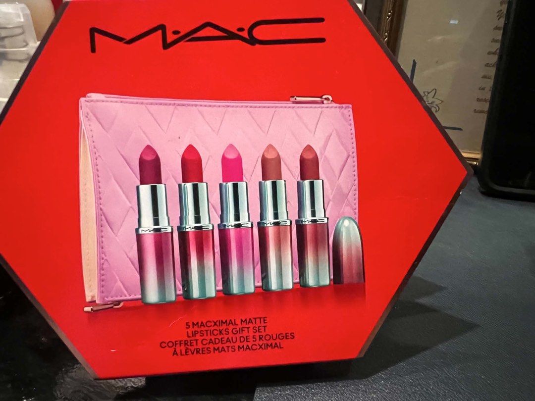 MAC 5 Macximal Matte Lipsticks Gift Set (Category: Makeup) located in Manila. Submitted by cabuniagpr58494 (Listing ID 1446490374, Image 1). Description: - Brand new MAC 5 Macximal Matte Lipsticks Gift Set - Comes with a stylish pink quilted pouch - Features 5 lipsticks with a comfortable matte finish - Assorted shades of pink and red - Ideal gift for any MAC enthusiast.