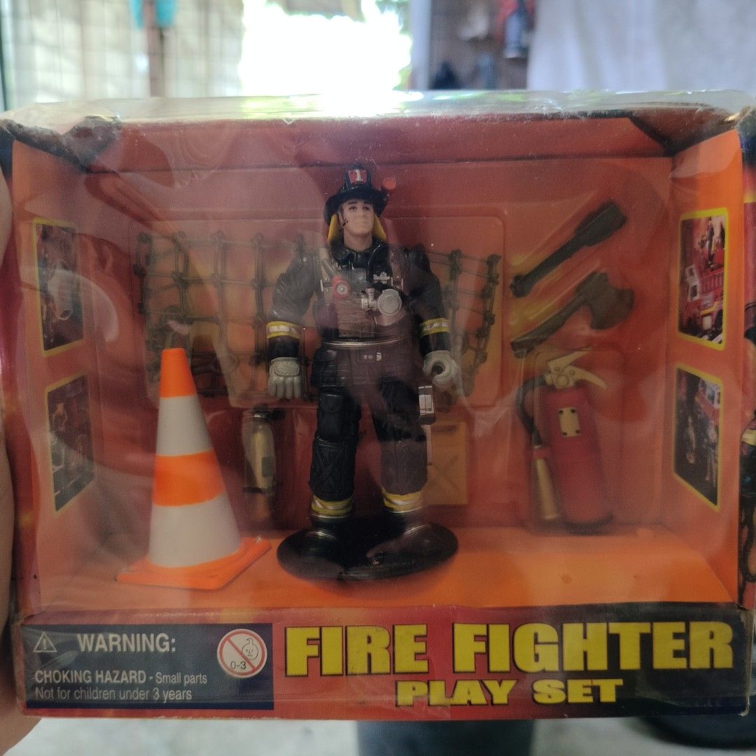 MANLEY Fire Fighter Play Set Toy Figures with Accessories (Category: Kids Toys) located in Plaridel. Submitted by klayskolektibols (Listing ID 1446393105, Image 2). Description: - Three Fire Fighter play sets available. - Each set includes a firefighter figure. - Comes with various accessories like axes, cones, and fire extinguishers. - All items are brand new and in original packaging. - Encourages imaginative and heroic play for kids..