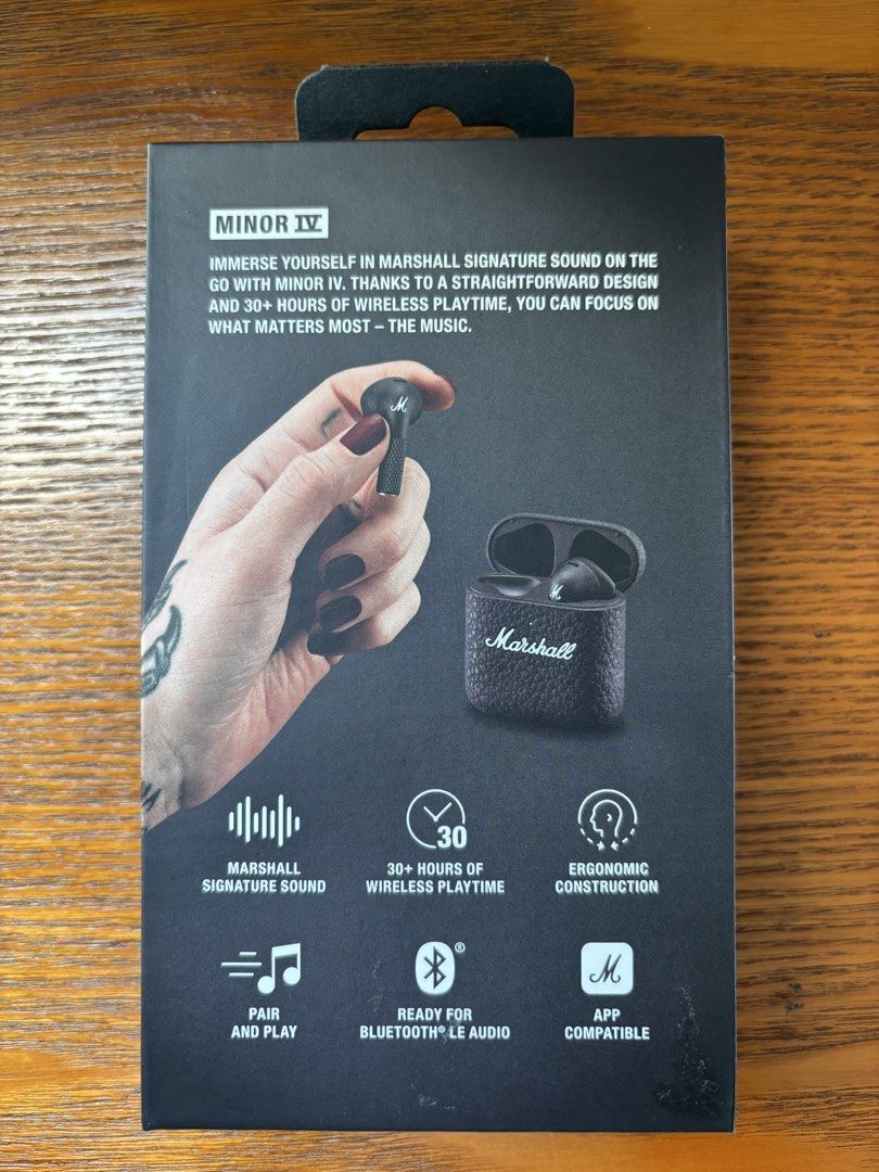 Marshall Minor IV True Wireless Earbuds (Category: Earphones) located in Makati City. Submitted by leanne_jl1234 (Listing ID 1446388068, Image 2). Description: - Brand new, still sealed inside box - Purchased Jan ‘26 - Over 30 hours of wireless playtime - Signature Marshall sound - Ergonomic and comfortable fit - Easy pair and play functionality - Ready for Bluetooth LE audio - App compatible.