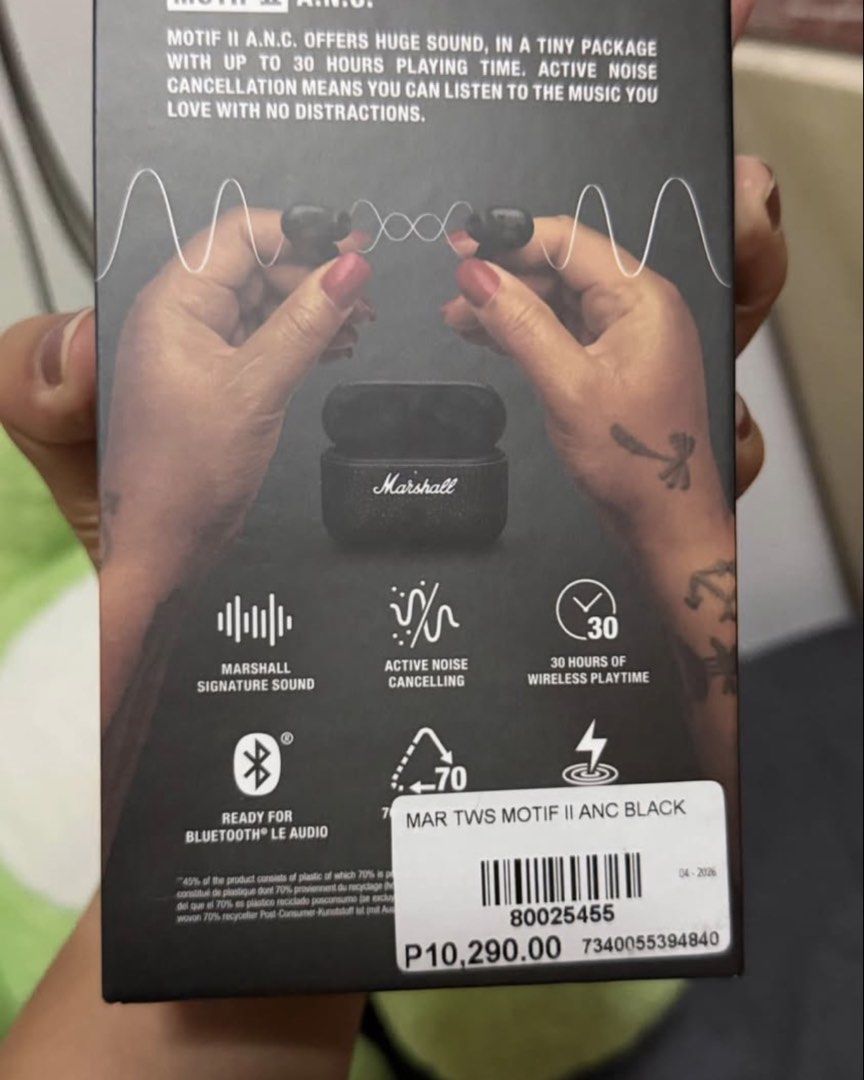 Marshall Motif II A.N.C. True Wireless Earbuds (Category: Earphones) located in Manila. Submitted by prettyrae (Listing ID 1446432942, Image 3). Description: - Marshall Motif II A.N.C. Earbuds (Black) - Huge sound in a tiny package - Up to 30 hours of playtime - Active Noise Cancellation for immersive listening - Bluetooth ready.