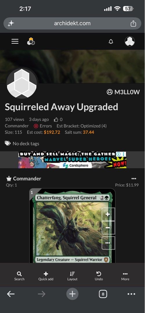 MTG: Bracket 3/4 Chatterfang Commander Deck For Sale!🔥 (Category: Raw Singles) located in Pasig City. Submitted by m3llow (Listing ID 1446371503, Image 2). Description: For 7,800 only! (Or you can offer) (Includes squirreled away precon cards) Rfs: moved on to my other two decks Inclusions: - Gamegenic bastion 100+ (Green) - All cards from the precon and the upgrades - QAT perfect inner sleeves and QAT matte sleeves Strategies: - Overwhelm the b