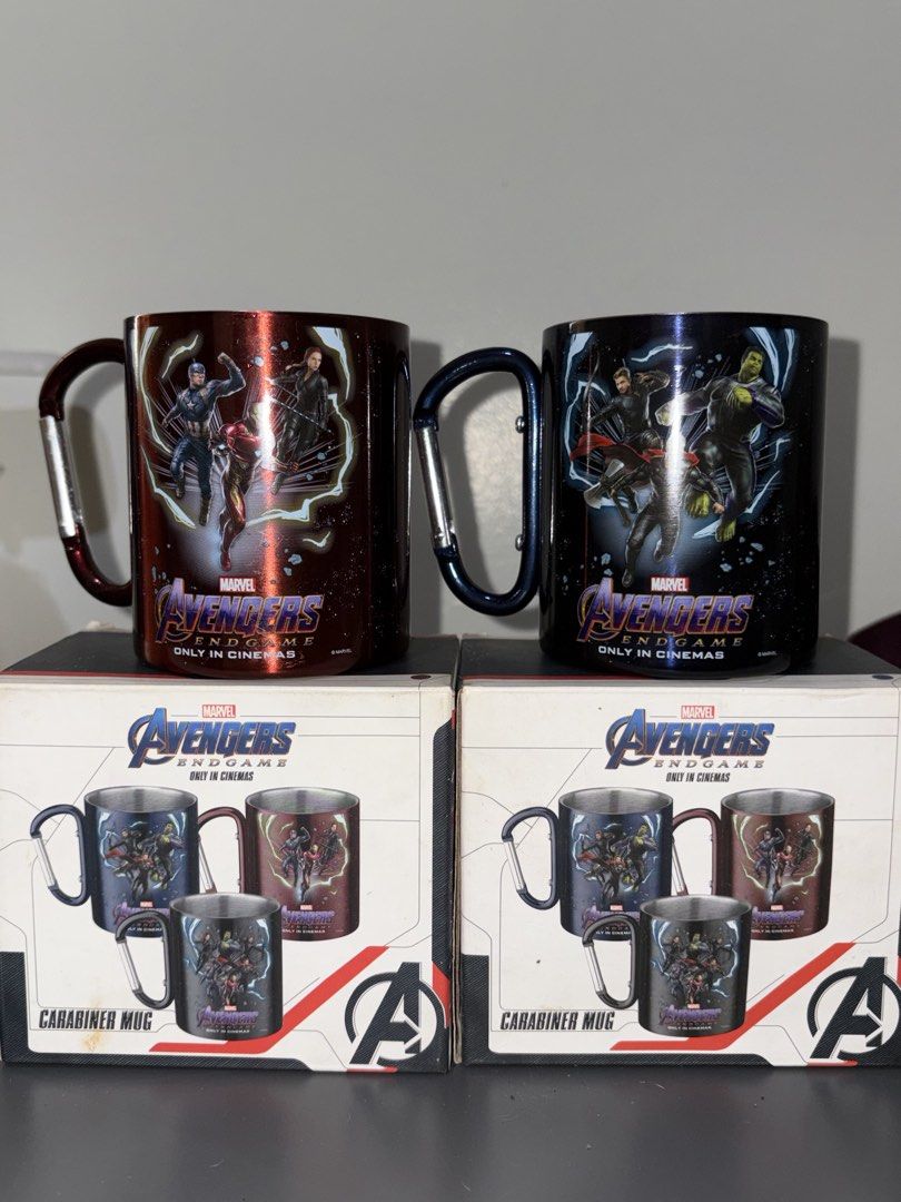 Petron Avengers Endgame Carabiner Mug (Category: Coffee & Tea Tableware) located in Quezon City. Submitted by jin_00 (Listing ID 1446403046, Image 1). Description: - Set of 2 Marvel Avengers Endgame carabiner mugs - Mug 1: Red with Captain America, Iron Man, and Black Widow designs - Mug 2: Black with Thor, Hulk, and Captain America designs .