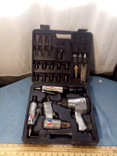 Pneumatic Air Tool Set with Pipe Threader and Calipers (Category: Construction Tools & Equipment) located in Dinalupihan. Submitted by garfield1977 (Listing ID 1446487767, Image 1). Description: - Set of pneumatic air tools - Includes: Impact wrench, air ratchet, grinder - Also includes: Pipe threader set, digital calipers - All tools come in a convenient case - Tools are in good working order - Ideal for mechanics and DIY projects.