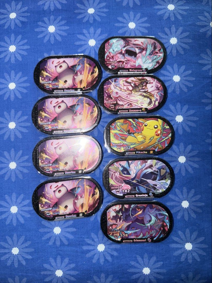 Pokemon Mezastar Tags (Check Description) (Category: Raw Singles) located in Paranaque City. Submitted by vintensed (Listing ID 1443711160, Image 1). Description: Kindly see below for price breakdown FOR SALE ONLY!!! 2-4 stars (From V1 to V3) 10 each (7 for 50, 15 for 100) 5 stars (50 each, 3 for 120) Special Lucario and Pikachu (30 each, 2 for 50) Black Tags: Pikachu - 250 Kommo-o - 150 Snorlax - 100 Metagross - 200 Grimmsnarl - 200 Greninja - 6
