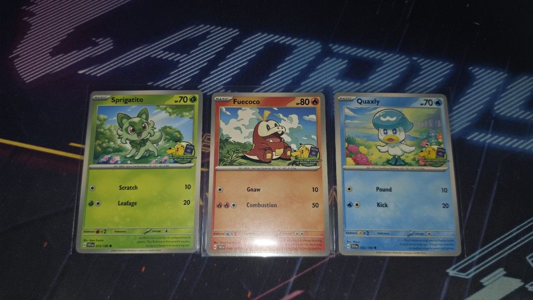 Pokemon Cards TCG Beginner's Session promo set (Category: Raw Singles) located in Manila. Submitted by dokochan (Listing ID 1446522133, Image 1). Description: FOR SALE Pokemon TCG Beginner's Session SEA-exclusive set (Sprigatito, Fuecoco, and Quaxly).