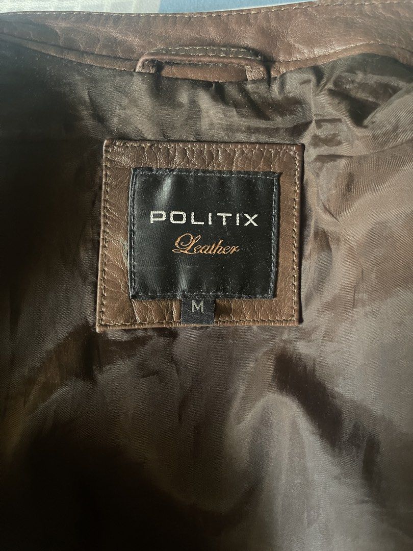 Politix Brown Leather Jacket Size M (Category: Coats, Jackets and Outerwear) located in Las Pinas. Submitted by daus042702 (Listing ID 1446359436, Image 3). Description: - Politix Leather Jacket (Australia brand) - 100% genuine sheepskin (lambskin) leather - Retailed AUD $699 (~Php 27k) - Issue shown on last pic, everything else is good - Don't know the dimensions, all I know is that its a size medium (As shown on tag) - Decluttering.
