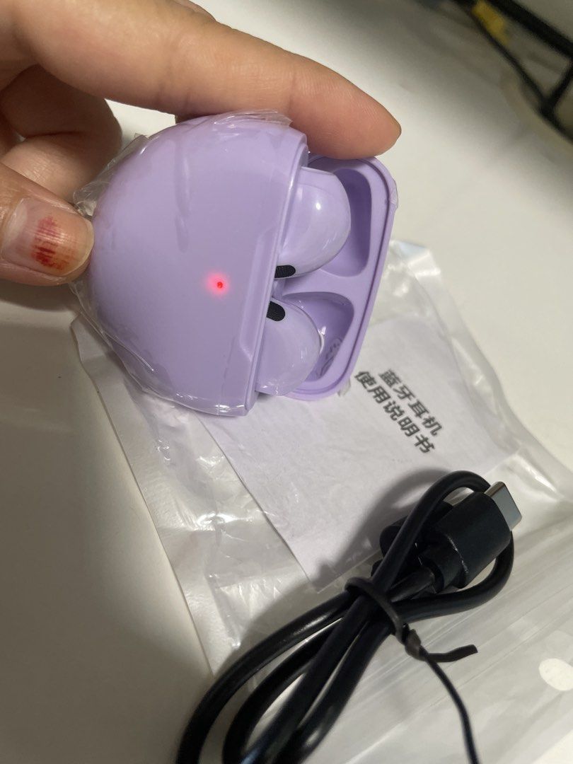 Purple Wireless Earbuds with Charging Case and Cable