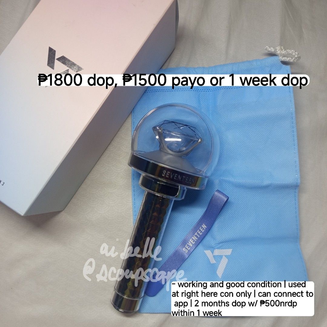 seventeen lightstick caratbong version 2 and version 3 (Category: K-Wave Merchandise) located in Mandaluyong City. Submitted by aymr_belle (Listing ID 1446515039, Image 2). Description: wts lfb ph carabong long dop — caratbong version 2 - ₱1500 - working and good condition (x sensi sa box) | used at follow and right here tour — caratbong version 3 - ₱1800 dop, ₱1500 payo or 1 week dop - working and good condition | used at right here only — prio 