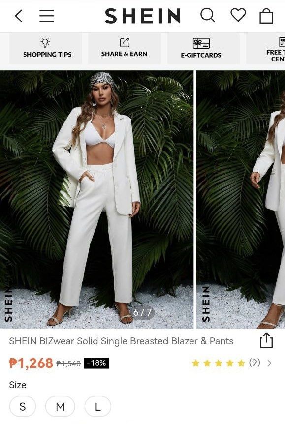 SHEIN Bizwear Solid Single Breasted Blazer & Pants Set (Category: Sets or Coordinates) located in Manila. Submitted by micaanna (Listing ID 1446358203, Image 1). Description: - SHEIN Blazer and Pants Set - Size: S - Blazer: Single-breasted, 2-button closure - Pants: High-waisted, straight leg - Versatile: Suitable for professional or casual outfits - Used once - RFS: no longer needed.