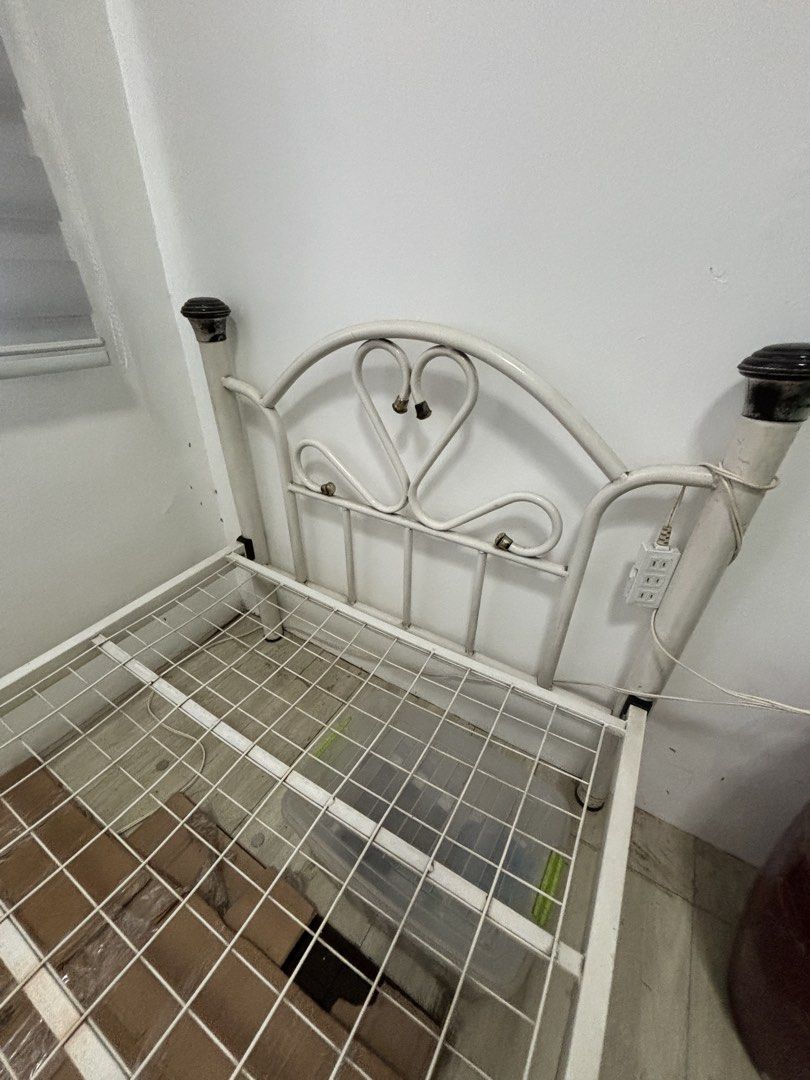 Single bed frame & semi double mattress (Category: Bed Frames & Mattresses) located in Las Pinas. Submitted by timelessthread (Listing ID 1446376084, Image 3). Description: - White metal single bed frame - 36 × 75 inches bed frame size - with a decorative heart design on the headboard - Comes with a semi-double mattress - Mattress is 5” thick - Ideal for single or semi-double bed setup - no defect madumi lang sa kalumaan at nakatambak lang - ship