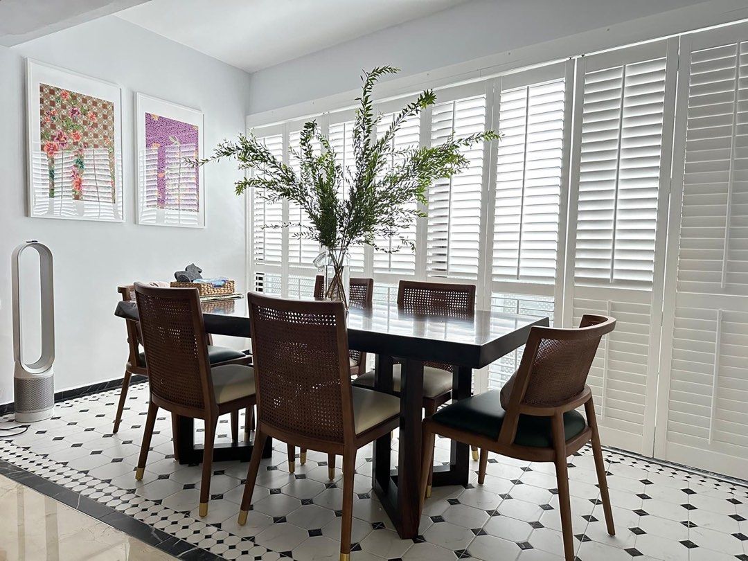 Solid Zebra Wood Dining Table / Study Table (Category: Tables & Sets) located in Singapore. Submitted by lukel6 (Listing ID 1446349015, Image 2). Description: - Beautiful solid slab Zebra wood dining table - Natural edge on both sides - Dark wood finish with rich grain - Slab is 7cm thick. Dimensions: As shown in photo - Classy and well maintain table top. Definitely will be the centre piece in your house - Sits 6 - 8 people comfortably - Chairs 