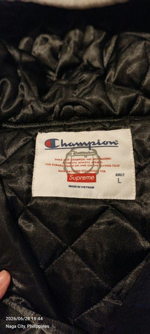 Supreme X Champion Collectors Piece (Category: Coats, Jackets and Outerwear) located in Quezon City. Submitted by bry111 (Listing ID 1446468175, Image 3). Description: Champion X Supreme Varsity Jacket maganda fittings for collection authentic very good condition street wear.