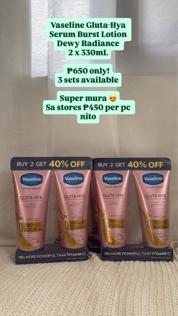 Vaseline Gluta Hya Serum Burst Lotion 2 x 330mL Set (Category: Body Care) located in Binan City. Submitted by pasabuy_intl (Listing ID 1446523906, Image 1). Description: .