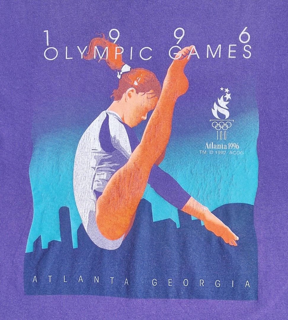 Vintage 96 Atlanta Olympics Gymnastics Tee Single Stitch (Category: Tshirts & Polo Shirts) located in Ipoh. Submitted by pasar_rusty (Listing ID 1446404879, Image 3). Description: Original 💯 Condition-6/10 Made in Mexico Vintage Item Single Stitch ~ Measurement in inch ~ Length from top - 26 inch Sleeve length - 7.5 inch Shoulder to shoulder - 18.8 inch Armpit to armpit - 19.2 inch Hem - 19.2 inch.