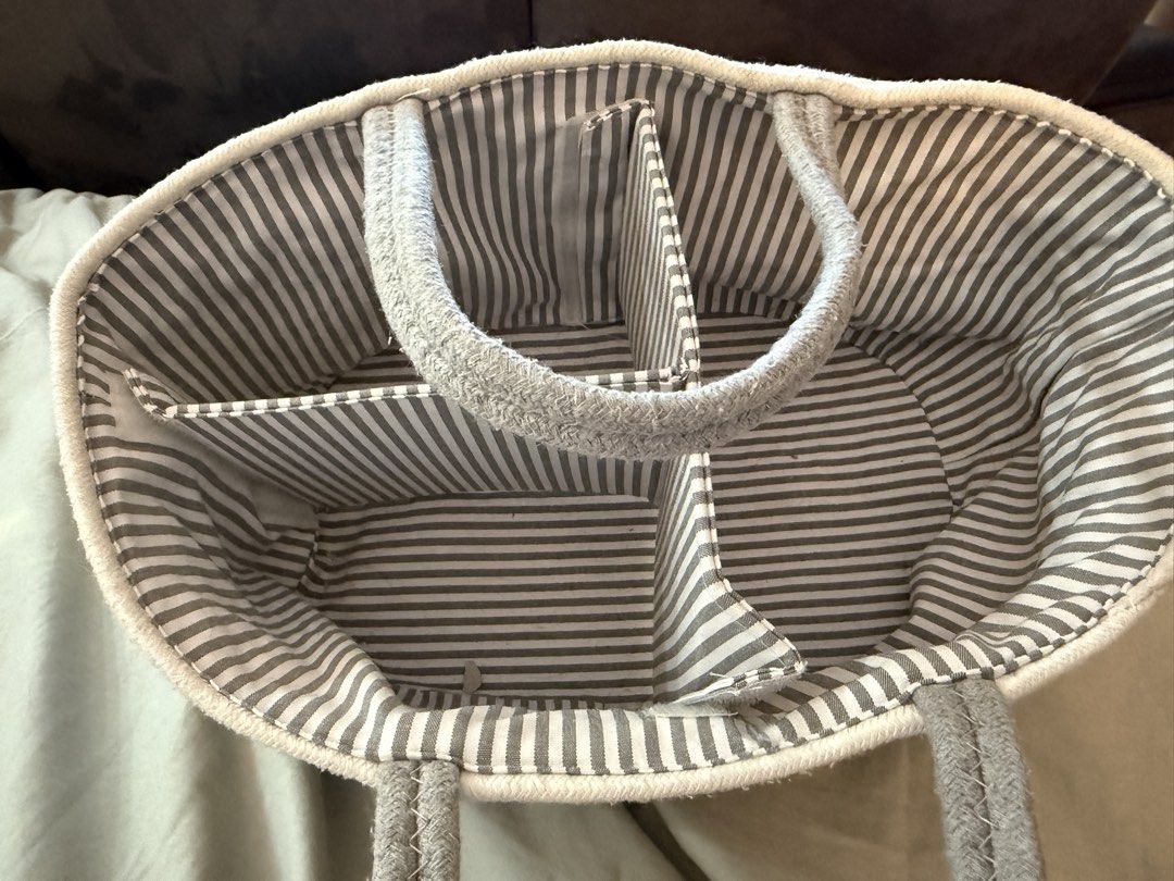 Woven Rope Storage Basket with Dividers (Category: Storage Boxes & Baskets) located in Pasig City. Submitted by atbp__ (Listing ID 1446473956, Image 2). Description: - Stylish grey and white woven rope basket - Features internal dividers for easy organization - Convenient side handles for effortless carrying - Ideal for storing toys, crafts, or general household items.