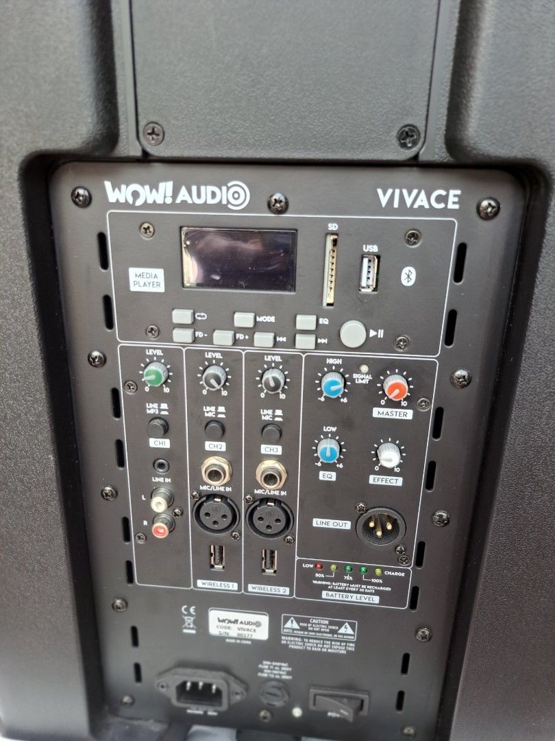 WOW! AUDIO VIVACE Battery Powered Portable Sound System (Category: Other Audio Equipment) located in Santa Rosa. Submitted by rcm066915 (Listing ID 1446365172, Image 3). Description: - WOW! AUDIO VIVACE portable sound system - Powerful 400W Class D amplifier - Long-lasting battery: 10-12 hours playtime - Built-in USB, SD card, and Bluetooth player with LCD display - Versatile inputs: 2 Mic/Line + 1 Stereo Line - Compact and lightweight PP cabinet