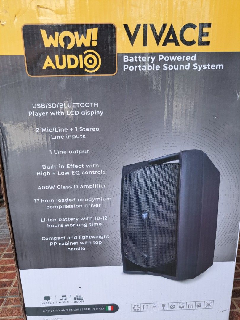 WOW! AUDIO VIVACE Battery Powered Portable Sound System (Category: Other Audio Equipment) located in Santa Rosa. Submitted by rcm066915 (Listing ID 1446365172, Image 1). Description: - WOW! AUDIO VIVACE portable sound system - Powerful 400W Class D amplifier - Long-lasting battery: 10-12 hours playtime - Built-in USB, SD card, and Bluetooth player with LCD display - Versatile inputs: 2 Mic/Line + 1 Stereo Line - Compact and lightweight PP cabinet