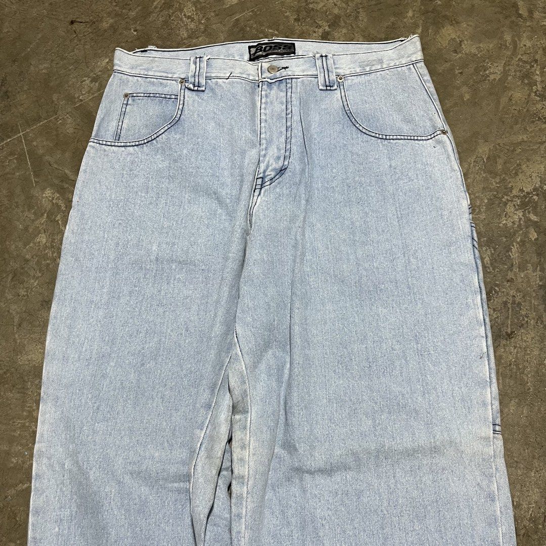 Y2k BOSS Script Embroidered Deep Pocket JNCO style jeans (Category: Jeans) located in Marikina City. Submitted by wayupcollective (Listing ID 1446531170, Image 3). Description: Y2k BOSS Script Embroidered Deep Pocket JNCO style jeans Size 38 Excellent condition Signs of usage Dimensions Waist: 38” Crotch: 17” Inseam: 34” Thigh: 14.5” Knee: 12” Leg opening: 9.5” Length: 49”.