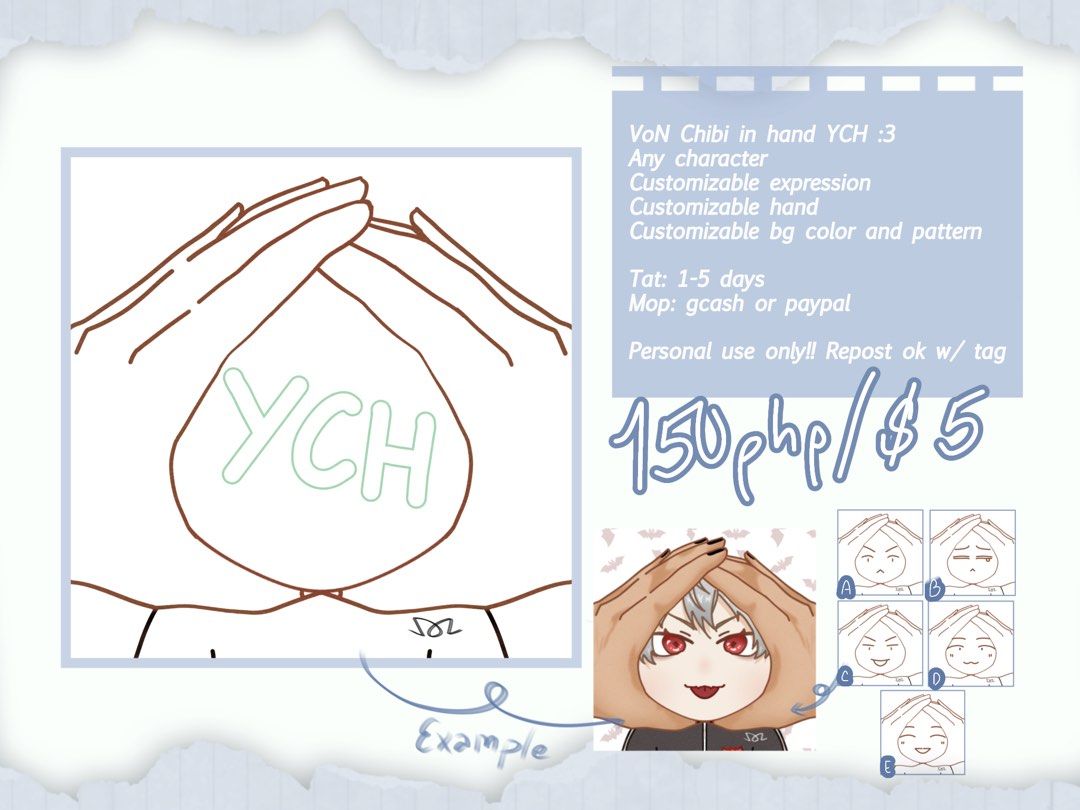 YCH Commission sale (Category: Art & Prints) located in Manila. Submitted by noxoftheabyss (Listing ID 1446388882, Image 1). Description: - Custom Chibi YCH (Your Character Here) commission - Can be for any character or OC - Customizable expression, hand, and background color/pattern - For personal use only. Can be posted with credits to the artist..