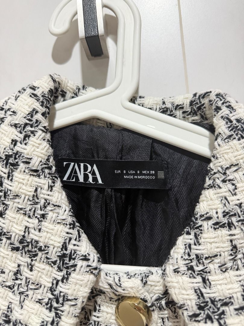 Zara Tweed Cropped Jacket (Category: Coats, Jackets and Outerwear) located in Mandaluyong City. Submitted by kayechx (Listing ID 1446497023, Image 2). Description: - Zara cropped jacket - Classic black and white tweed pattern - Rounded collar - Gold button details - Two front pockets - Perfect for dressing up or down - Ideal for layering - price SLIGHTLY negotiable, but not by a lot huhu already selling cheap since i need closet space asap will g