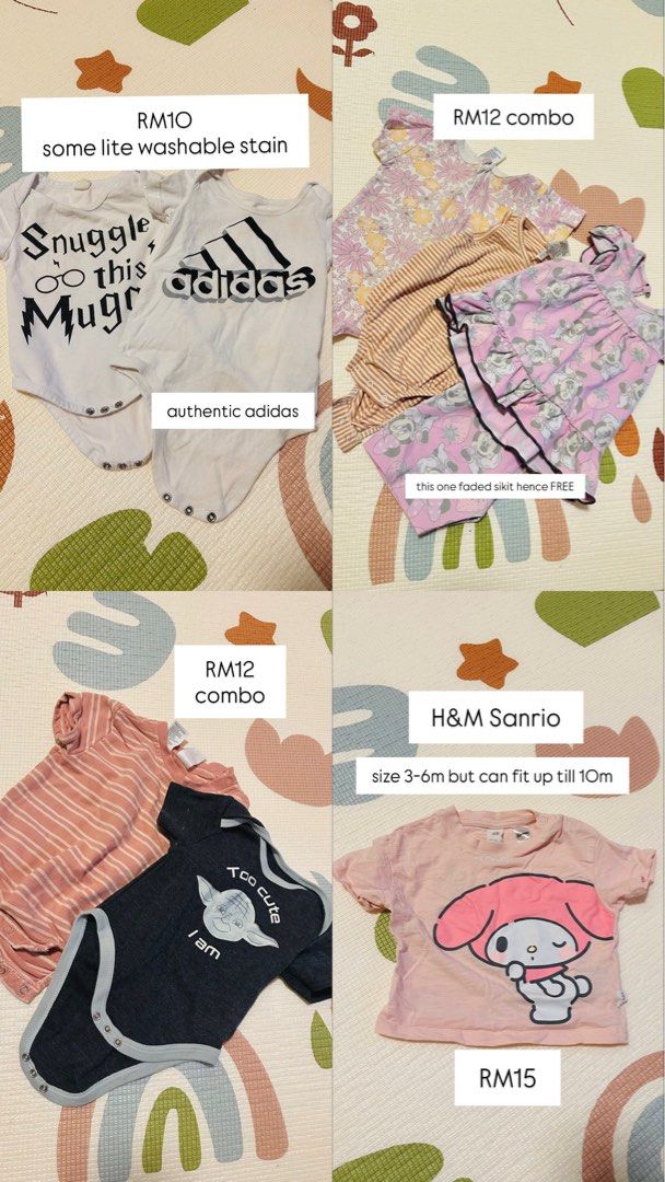 Assorted Combo Set (Category: Babies & Kids Fashion) located in Rawang. Submitted by itspawdrobe (Listing ID 1446610189, Image 1). Description: 6-9m Condition 7/10 Some lite washable stain Will get free gift for each purchase More than RM50 get free postage .
