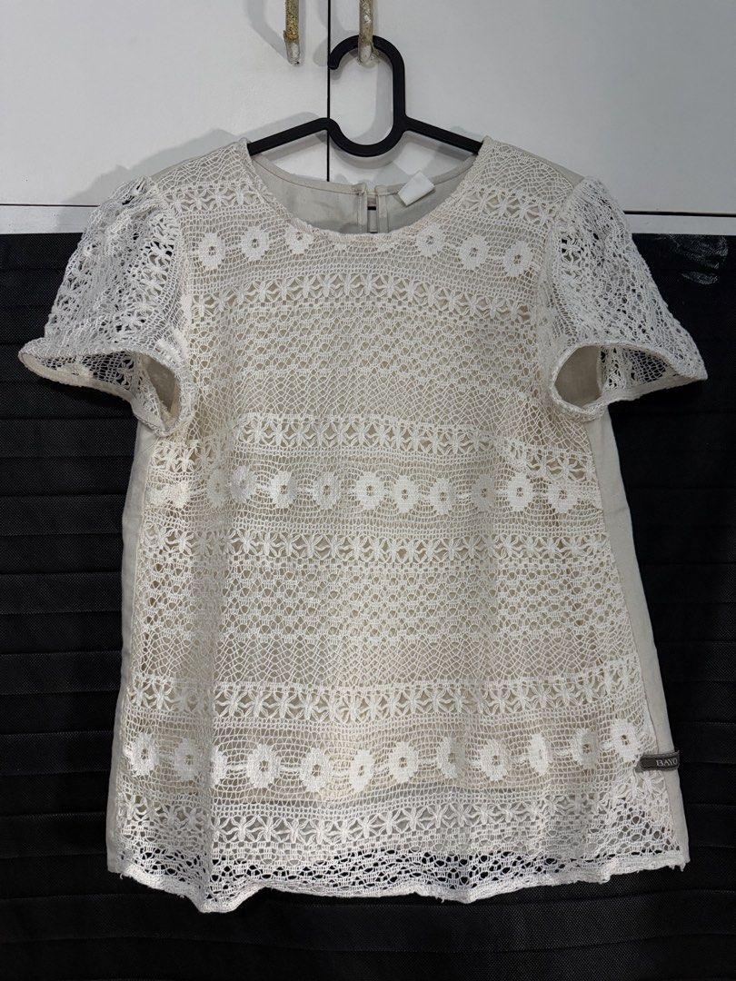 BAYO Lace Overlay Top Short Sleeves Size Small (Category: Blouses) located in Makati City. Submitted by clutterfreejia (Listing ID 1446549335, Image 1). Description: Store bought at ₱1795 Used once for a Modern Filipiniana themed wedding No flaws Rfs: decluttering.