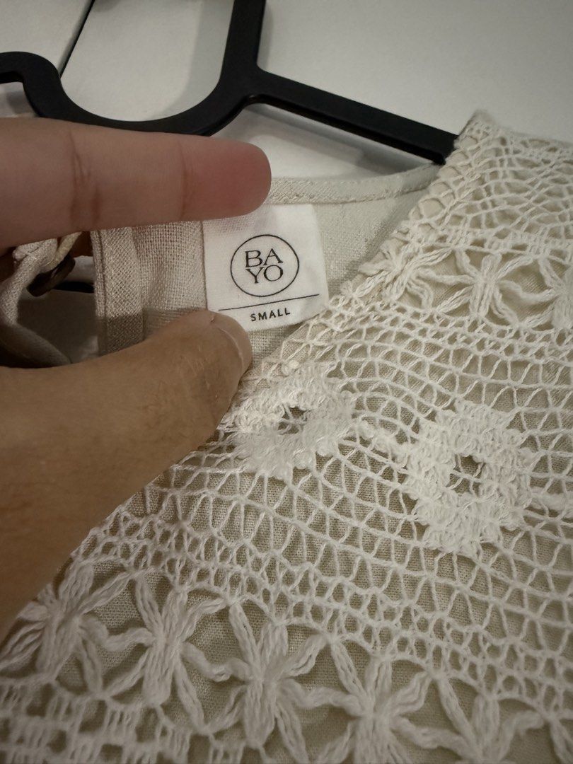 BAYO Lace Overlay Top Short Sleeves Size Small (Category: Blouses) located in Makati City. Submitted by clutterfreejia (Listing ID 1446549335, Image 3). Description: Store bought at ₱1795 Used once for a Modern Filipiniana themed wedding No flaws Rfs: decluttering.