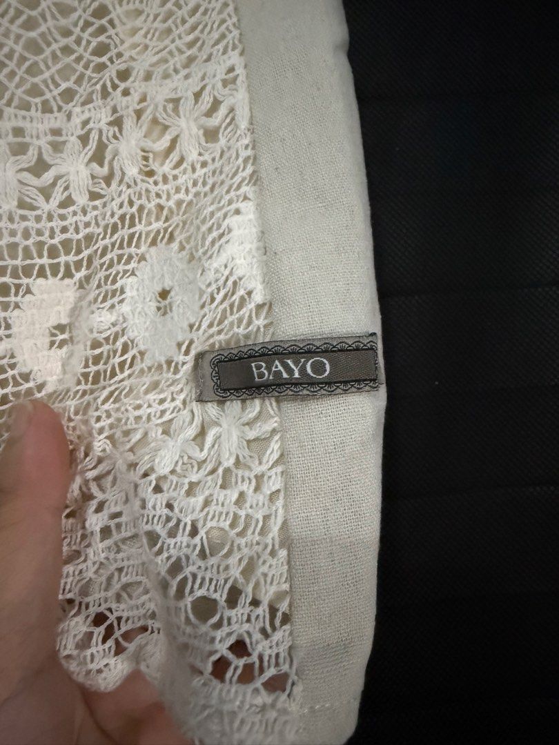BAYO Lace Overlay Top Short Sleeves Size Small (Category: Blouses) located in Makati City. Submitted by clutterfreejia (Listing ID 1446549335, Image 2). Description: Store bought at ₱1795 Used once for a Modern Filipiniana themed wedding No flaws Rfs: decluttering.