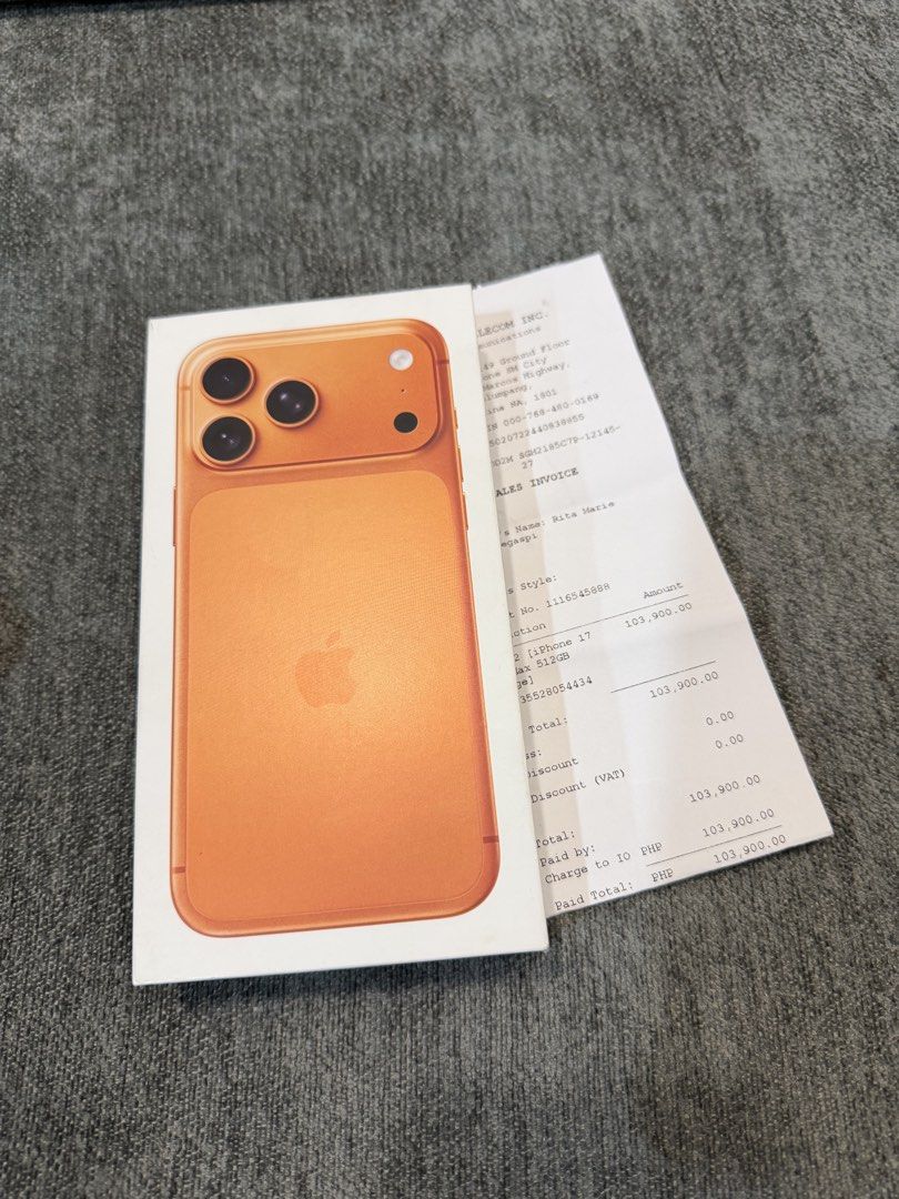 Brandnew Iphone 17 Pro Max 512gb FU NTC (Category: iPhone 17 Series) located in Mandaluyong City. Submitted by better_call_sole_ph (Listing ID 1446638537, Image 1). Description: Iphone 17 Pro Max 512gb Cosmic Orange Openline ntc approved Brandnew activated only never been used 100% batthealth ( 0 cc) complete with receipt unli check upon meetup 83.5k only open for swap plus cash Alabang.