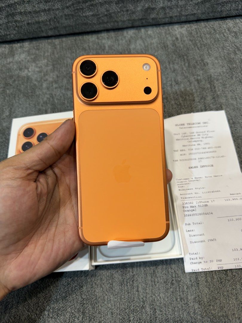 Brandnew Iphone 17 Pro Max 512gb FU NTC (Category: iPhone 17 Series) located in Mandaluyong City. Submitted by better_call_sole_ph (Listing ID 1446638537, Image 3). Description: Iphone 17 Pro Max 512gb Cosmic Orange Openline ntc approved Brandnew activated only never been used 100% batthealth ( 0 cc) complete with receipt unli check upon meetup 83.5k only open for swap plus cash Alabang.